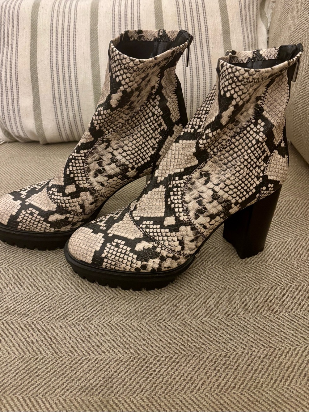 Vince Camuto Snake-Print Block Heel Ankle Boots - Black & Cream